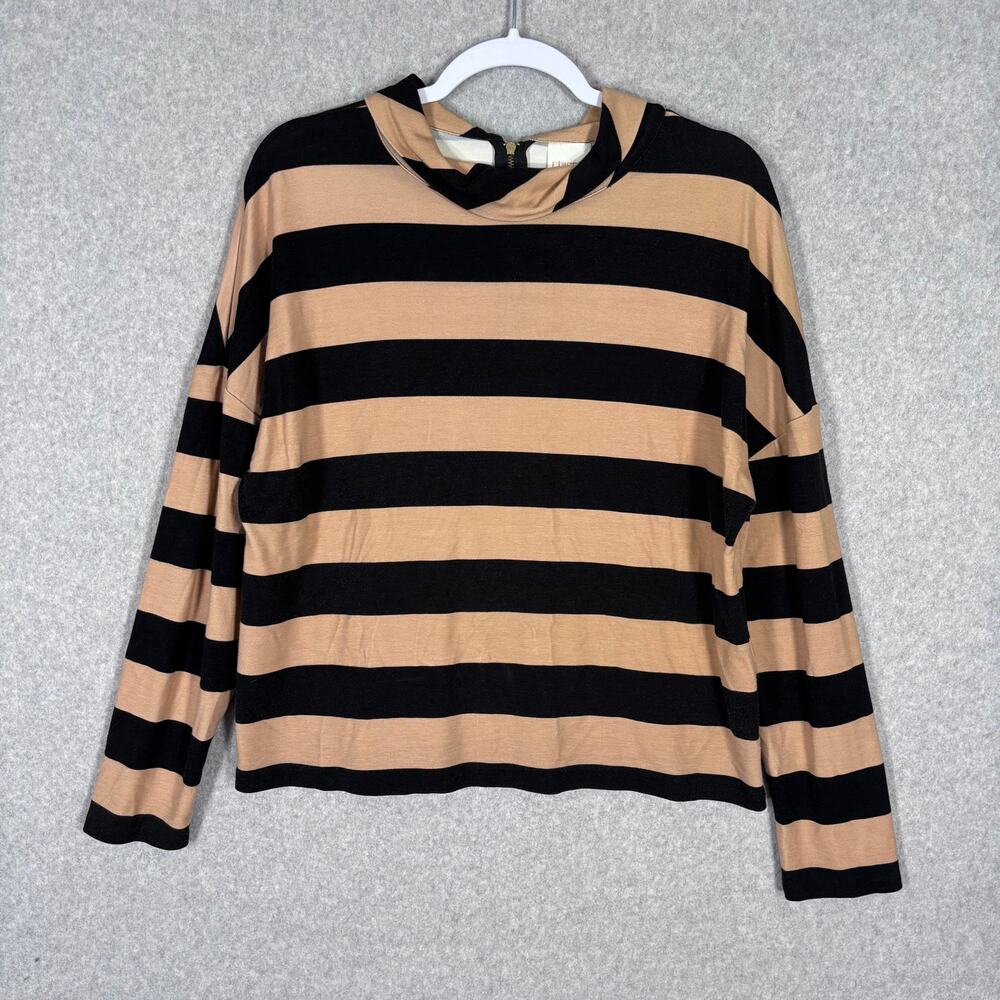 Chicos Mock Neck Top Large Black Tan Striped Gold Zipper Soft Neutral Career